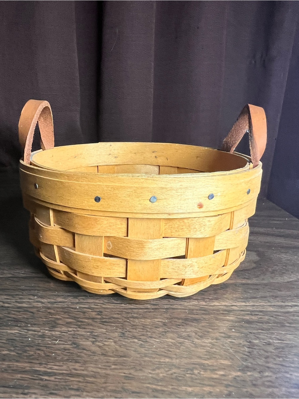 Longaberger Honey-Tone Woven Wood Basket with Leather Handles